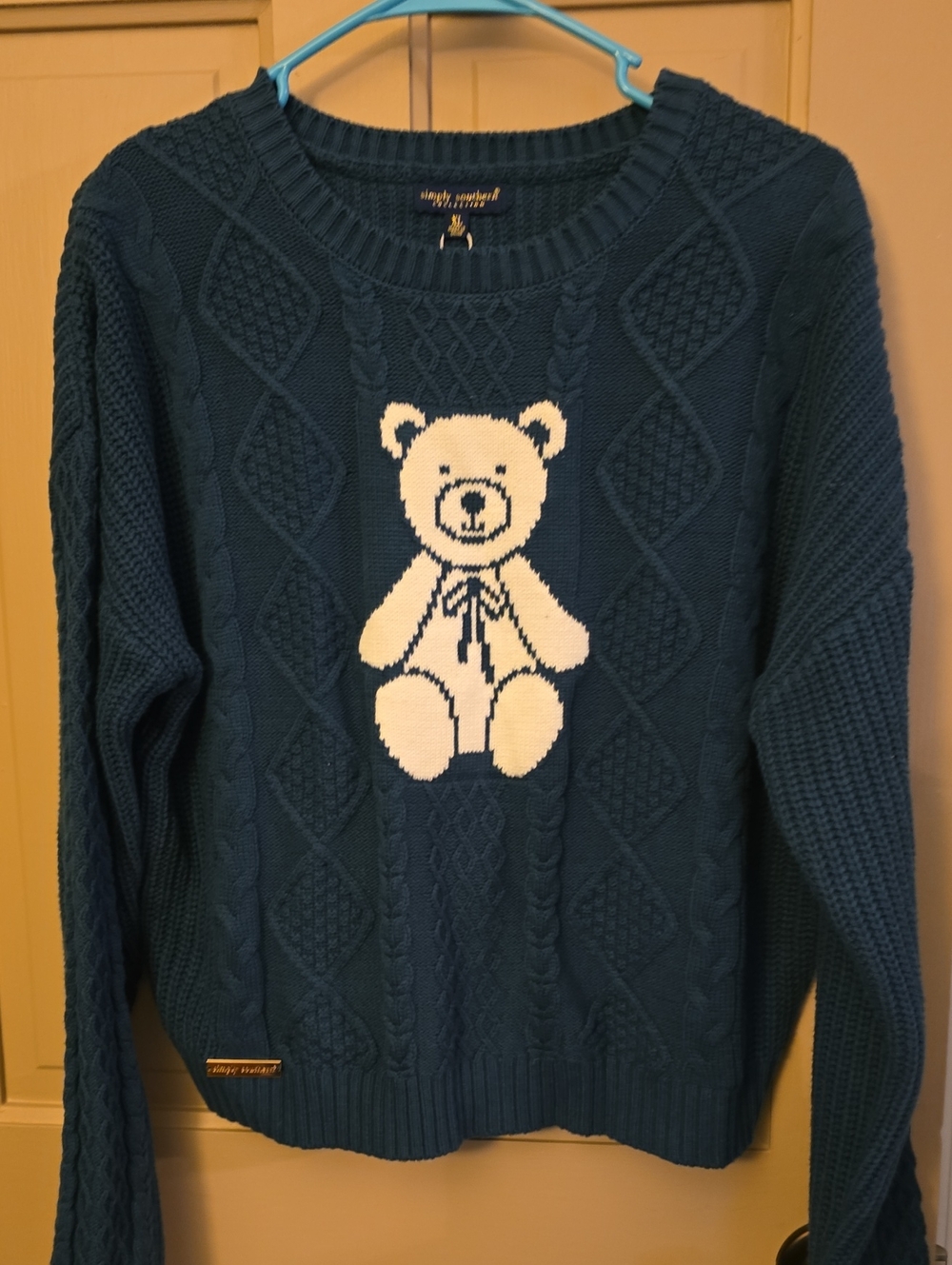 Womens Teal Cable-Knit Sweater with Teddy Motif Simply Southern